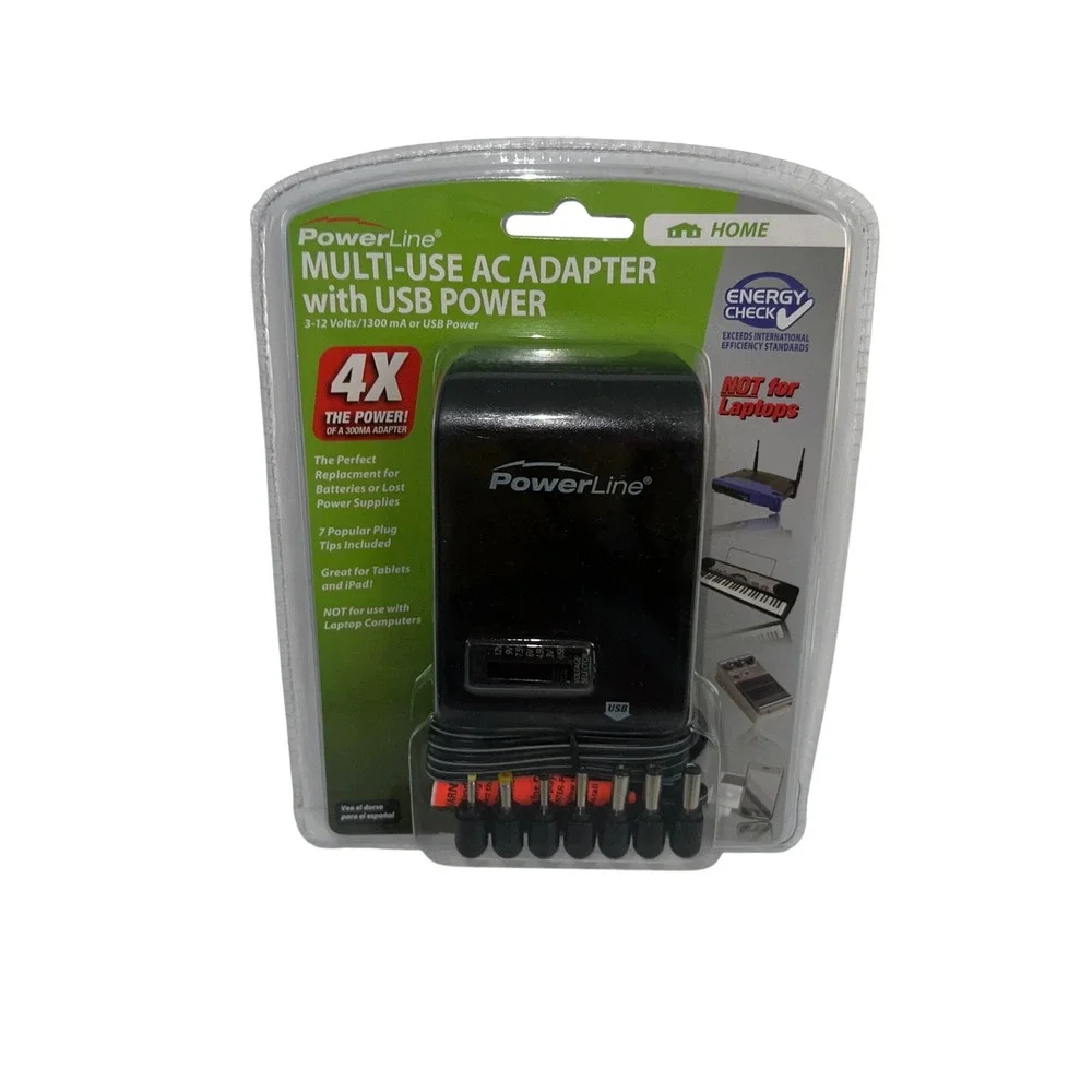 PowerLine Multi-Use AC Adapter with USB Power 3-12V 1300mA 7 Tips Universal